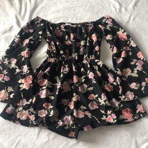 TOBI Off Shoulder Long Bell Sleeve Floral Romper
